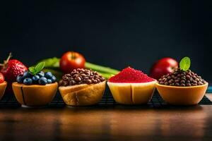 a row of fruit and vegetables in bowls. AI-Generated photo