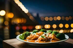 a plate of food with broccoli and meat on a wooden table. AI-Generated photo