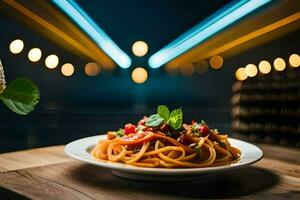 a plate of spaghetti with tomatoes and basil on a wooden table. AI-Generated photo