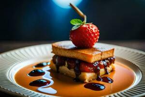 a dessert with strawberries and chocolate sauce on a plate. AI-Generated photo