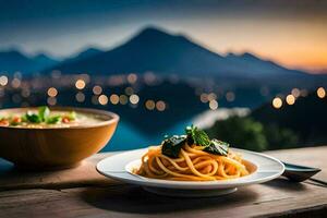 espaguetis y sopa en un mesa en frente de un montaña vista. generado por ai foto