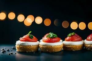 small desserts with strawberries and cream on a black background. AI-Generated photo