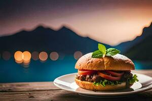 a hamburger on a plate with mountains in the background. AI-Generated photo