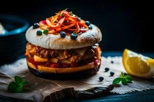 a burger with vegetables and cheese on top. AI-Generated photo