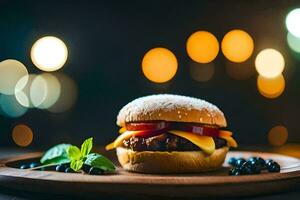 a hamburger with cheese, lettuce and blueberries on a wooden plate. AI-Generated photo