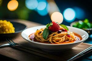 a plate of spaghetti with a strawberry on top. AI-Generated photo