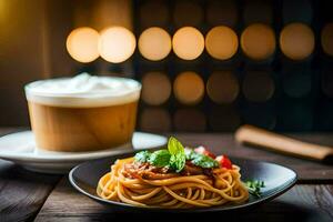 spaghetti with tomato sauce and coffee on a wooden table. AI-Generated photo