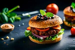 dos hamburguesas con vegetales y hierbas en un negro antecedentes. generado por ai foto