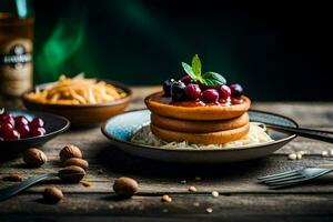 a plate of pancakes with berries and nuts on a wooden table. AI-Generated photo