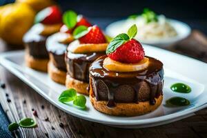 Tres pequeño pasteles con chocolate y fresas en un blanco lámina. generado por ai foto