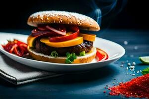 un hamburguesa con pimientos y Tomates en un lámina. generado por ai foto