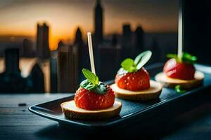 Tres fresas en un plato con un paisaje urbano en el antecedentes. generado por ai foto