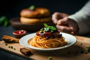 a person is holding a plate with spaghetti and meat. AI-Generated photo