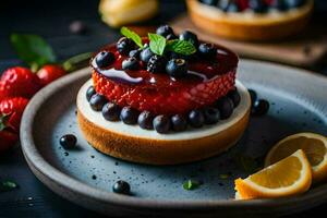 a dessert with berries and lemon on a plate. AI-Generated photo