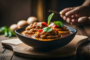a bowl of curry with chicken and vegetables. AI-Generated photo