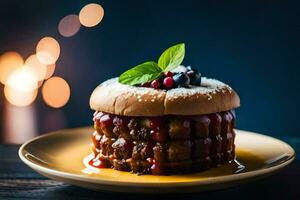 a hamburger with sauce and berries on a plate. AI-Generated photo