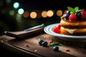 a stack of pancakes with berries and mint. AI-Generated photo