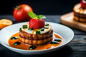 un plato con un postre coronado con fresas generado por ai foto