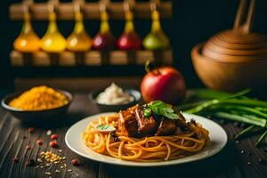 spaghetti with meat and vegetables on a wooden table. AI-Generated photo