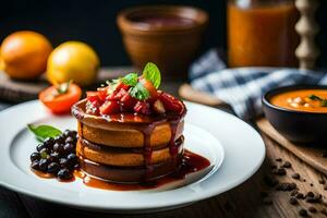 un apilar de panqueques con bayas y jarabe. generado por ai foto