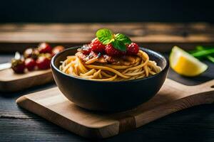 spaghetti with bacon and tomatoes in a bowl. AI-Generated photo