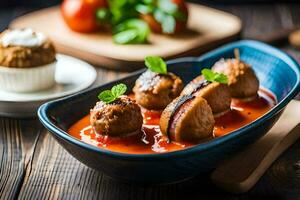 albóndigas en tomate salsa en un de madera mesa. generado por ai foto