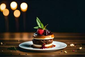 un postre en un plato con velas en el antecedentes. generado por ai foto