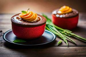 chocolate cake with orange and asparagus on a wooden table. AI-Generated photo