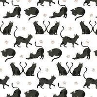 Seamless pattern with black cat. Flat cartoon cat sits, stands and arched its back. Color vector illustration on white background.