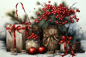 Watercolor Christmas still-life with decorated gift boxes and berries. Ai art photo