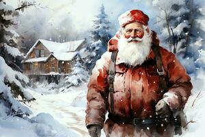 Watercolor Christmas winter landscape with Santa Claus. Ai art photo