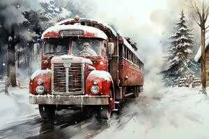 Watercolor fabulous Christmas landscape with Santa Claus truck on the background of a winter forest. Ai art photo