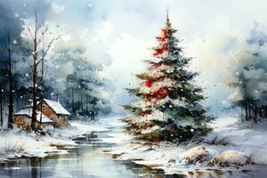 Watercolor fairy-tale Christmas landscape with houses on the background of a winter forest. Ai art photo