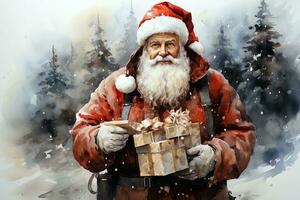 Watercolor illustration of Santa Claus on the background of a winter Christmas forest. Ai art photo