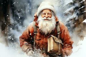 Watercolor Christmas winter landscape with Santa Claus. Ai art photo