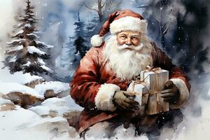 Watercolor Christmas winter landscape with Santa Claus. Ai art photo
