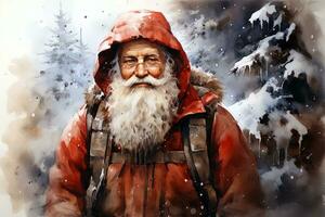 Watercolor Christmas winter landscape with Santa Claus. Ai art photo