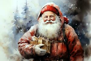 Watercolor Christmas winter landscape with Santa Claus. Ai art photo