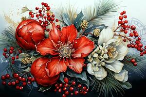 Watercolor Vintage Christmas Still Life with Floral arrangement. Ai art photo