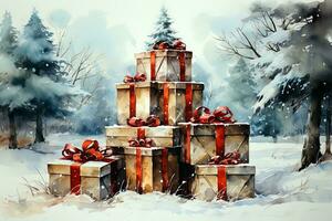 Watercolor Christmas landscape with decorated gift boxes on the background of a winter forest. Ai art photo