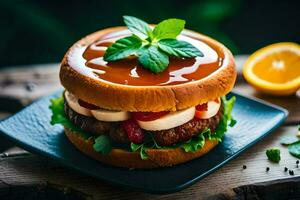 a hamburger with cheese, tomato and lettuce on a black plate. AI-Generated photo
