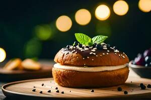 un rosquilla con chocolate y menta en un de madera lámina. generado por ai foto