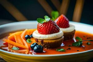 un cuenco de sopa con fresas y zanahorias. generado por ai foto