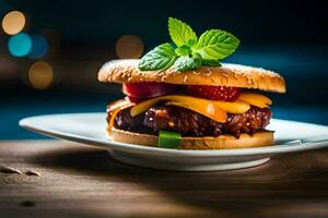 a hamburger with cheese and strawberries on a white plate. AI-Generated photo