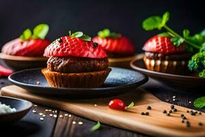 strawberry cupcakes on a wooden table. AI-Generated photo