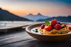 a plate of pasta with berries and a mountain view. AI-Generated photo