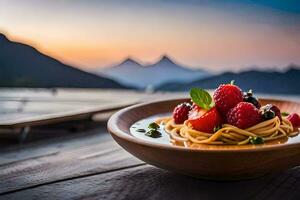 un plato de pasta con bayas y un montaña vista. generado por ai foto