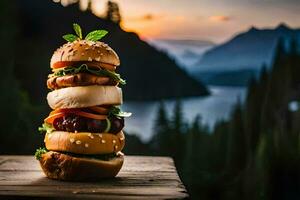 un apilar de hamburguesas en un mesa con un montaña en el antecedentes. generado por ai foto