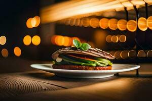 a hamburger on a plate with lights in the background. AI-Generated photo