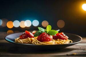 spaghetti with tomato sauce and basil leaves on a plate. AI-Generated photo